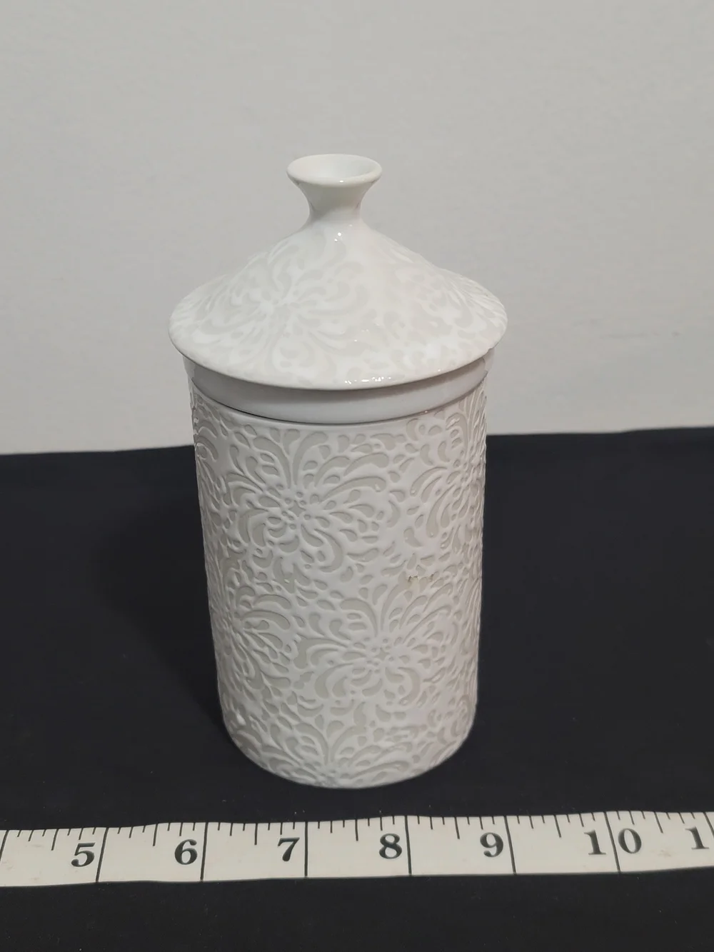 Cost Plus World Market White Embossed Ceramic Tea Strainer Mug with Lid